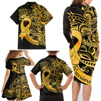 Polynesia Bone Cancer Awareness Family Matching Long Sleeve Bodycon Dress and Hawaiian Shirt Fight Warriors