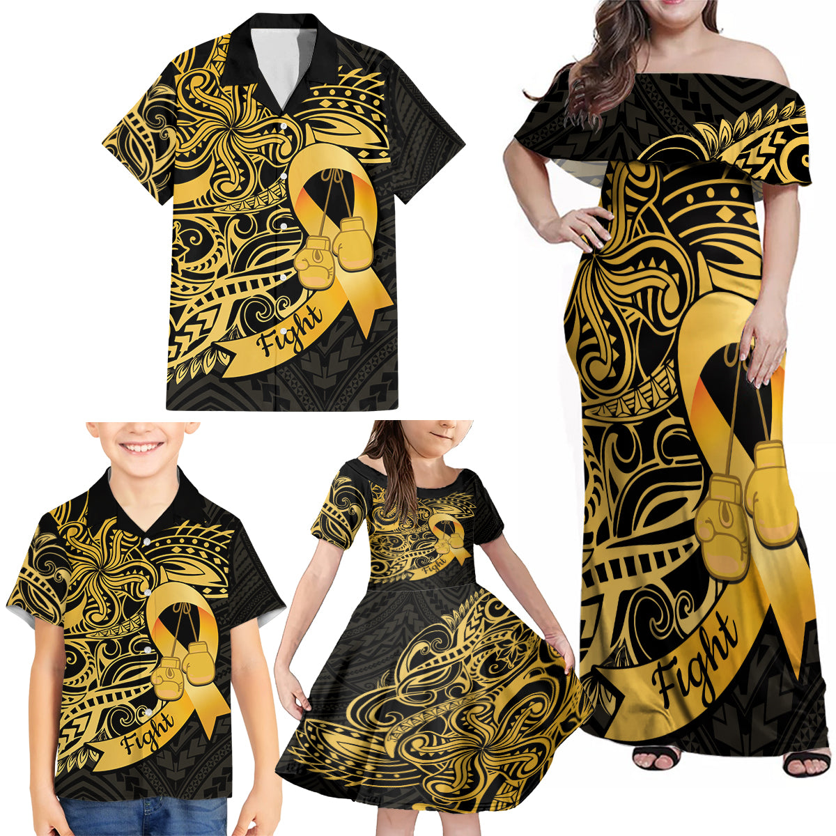 Polynesia Bone Cancer Awareness Family Matching Off Shoulder Maxi Dress and Hawaiian Shirt Fight Warriors