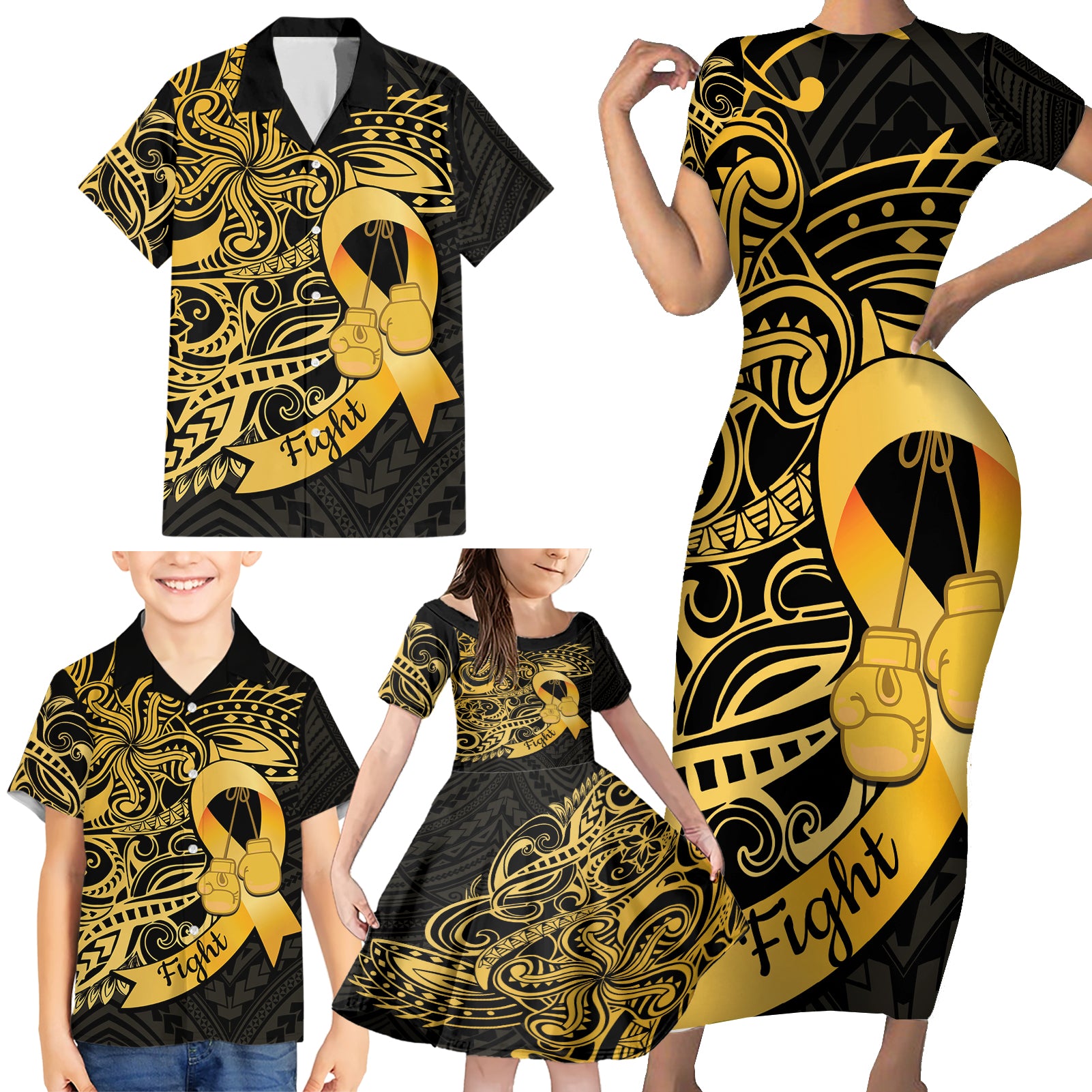 Polynesia Bone Cancer Awareness Family Matching Short Sleeve Bodycon Dress and Hawaiian Shirt Fight Warriors