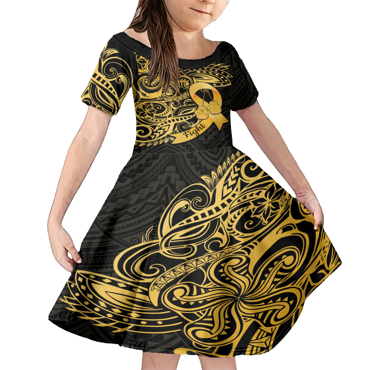 Polynesia Bone Cancer Awareness Kid Short Sleeve Dress Fight Warriors LT14 KID Black - Polynesian Pride