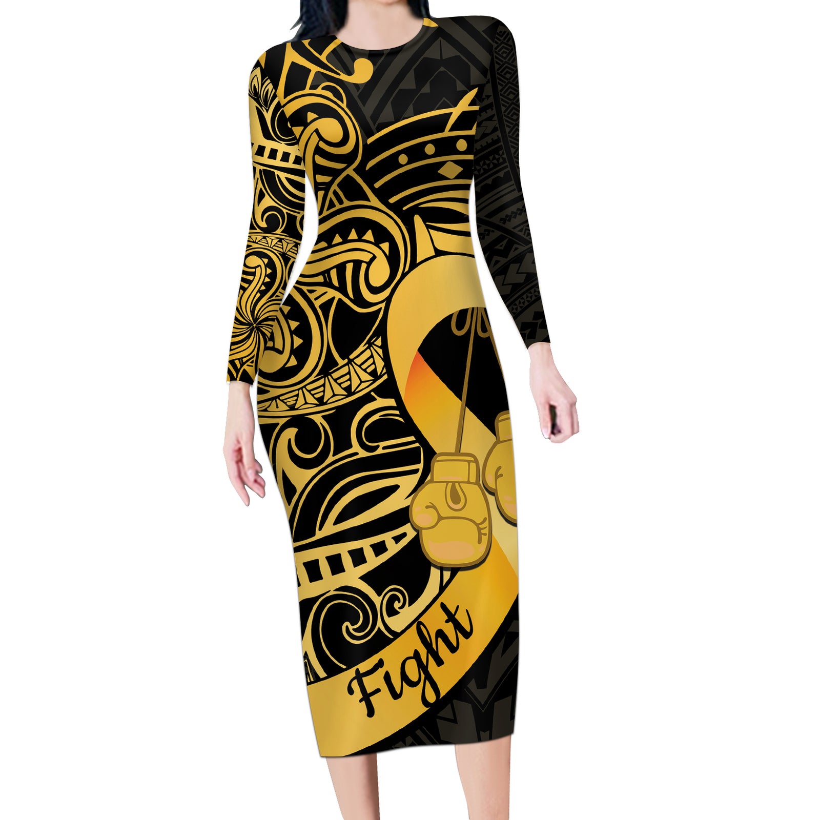 Polynesia Bone Cancer Awareness Long Sleeve Bodycon Dress Fight Warriors LT14 Long Dress Black - Polynesian Pride