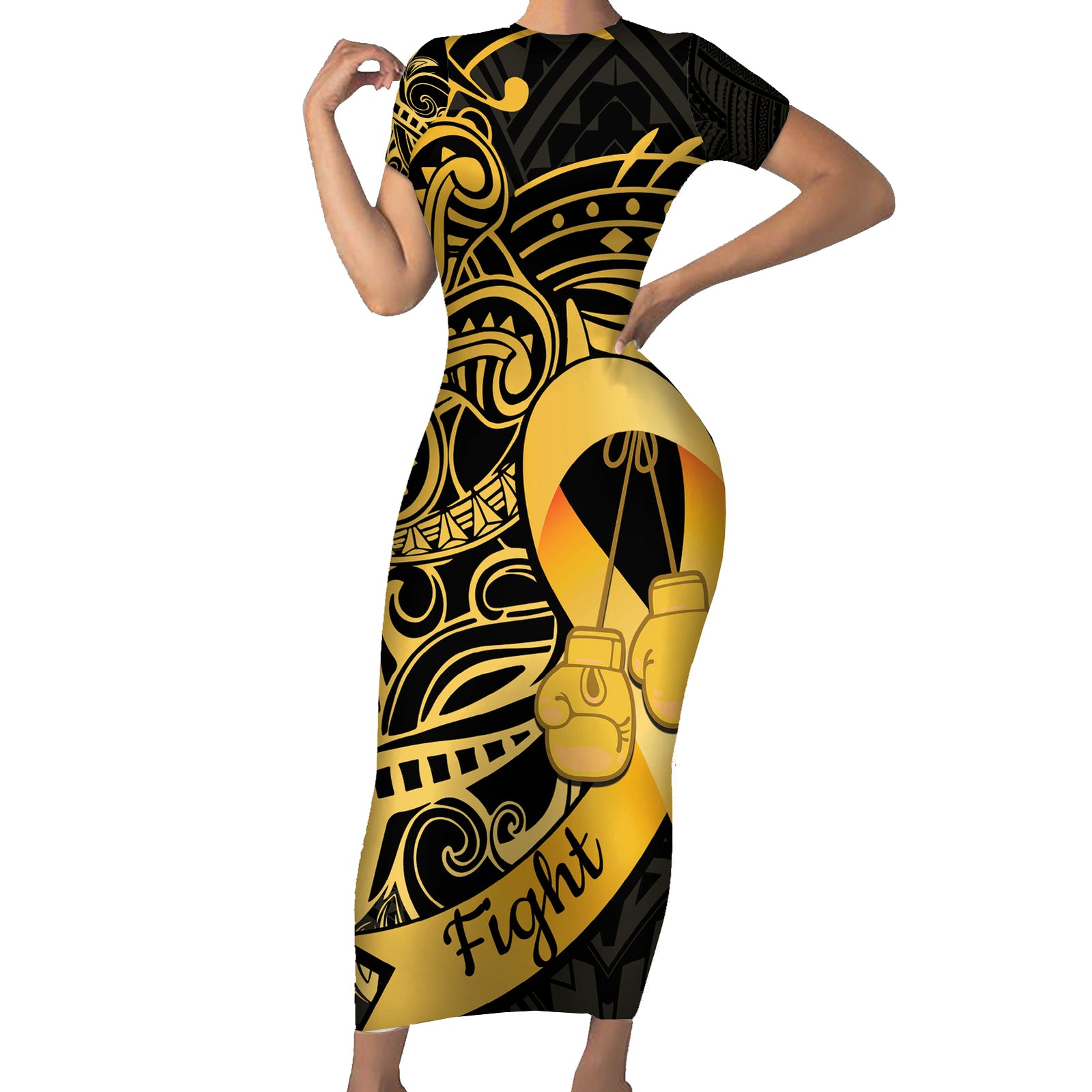 Polynesia Bone Cancer Awareness Short Sleeve Bodycon Dress Fight Warriors LT14 Long Dress Black - Polynesian Pride