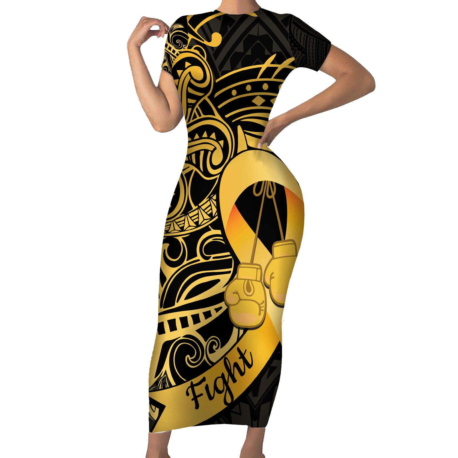 Polynesia Bone Cancer Awareness Short Sleeve Bodycon Dress Fight Warriors