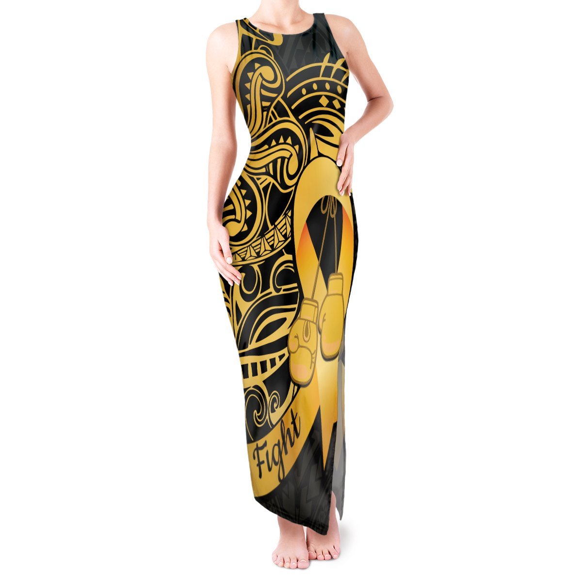 Polynesia Bone Cancer Awareness Tank Maxi Dress Fight Warriors LT14 Women Black - Polynesian Pride