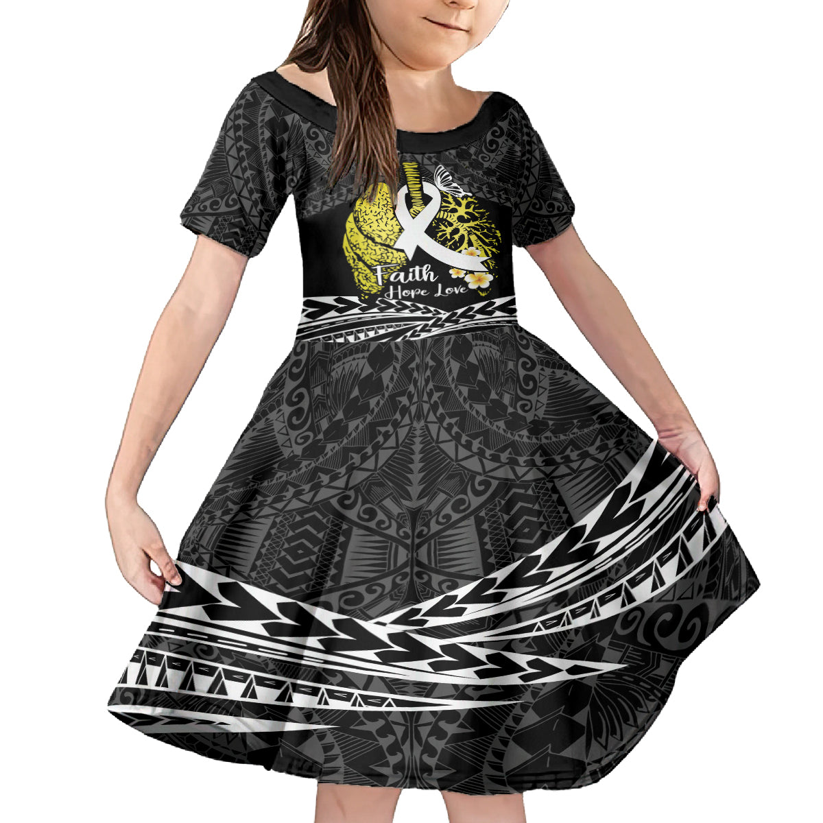 Personalised Polynesia World Lung Cancer Day Family Matching Long Sleeve Bodycon Dress and Hawaiian Shirt Faith Hope Love LT14 Daughter's Dress Black - Polynesian Pride
