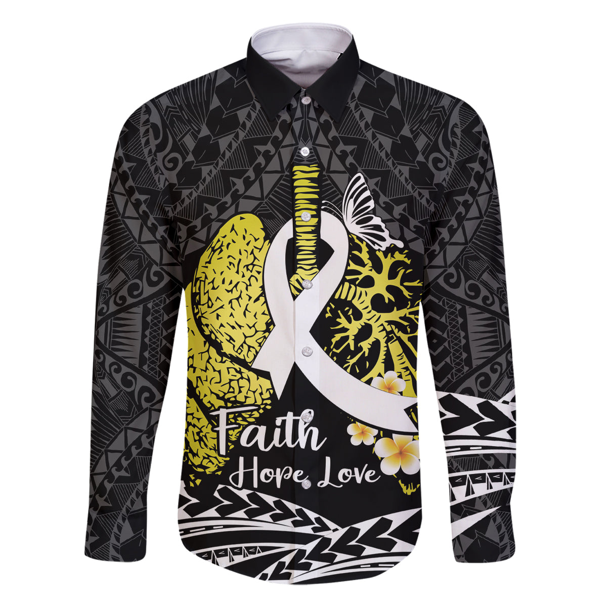 Personalised Polynesia World Lung Cancer Day Family Matching Long Sleeve Bodycon Dress and Hawaiian Shirt Faith Hope Love LT14 Dad's Shirt - Long Sleeve Black - Polynesian Pride