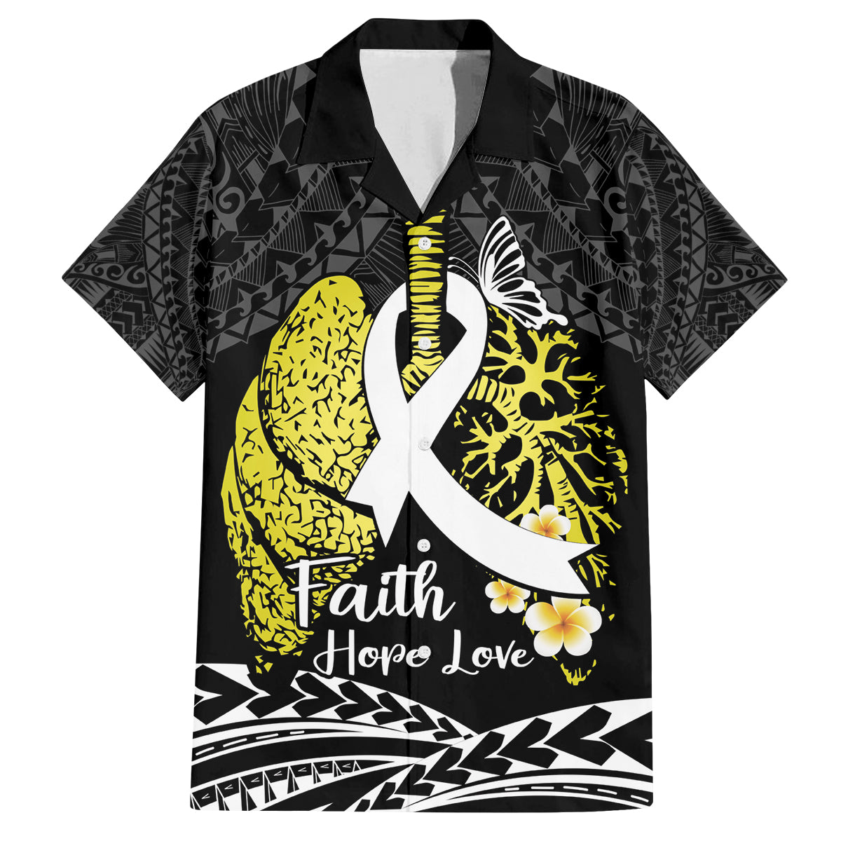 Personalised Polynesia World Lung Cancer Day Family Matching Puletasi and Hawaiian Shirt Faith Hope Love LT14 Dad's Shirt - Short Sleeve Black - Polynesian Pride