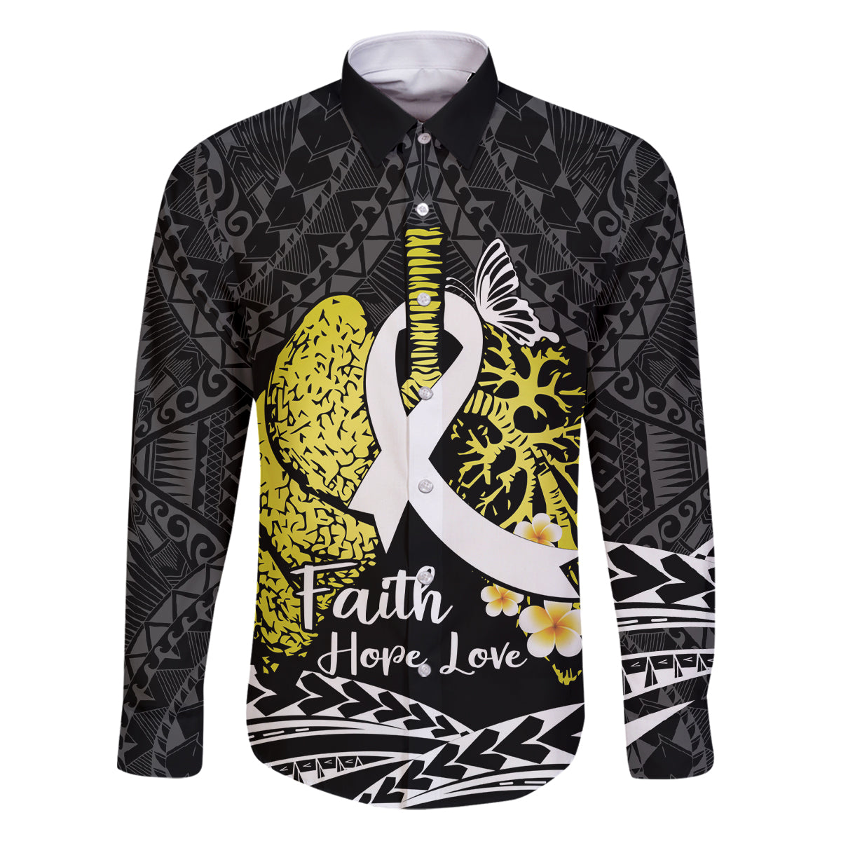 Personalised Polynesia World Lung Cancer Day Family Matching Puletasi and Hawaiian Shirt Faith Hope Love LT14 Dad's Shirt - Long Sleeve Black - Polynesian Pride
