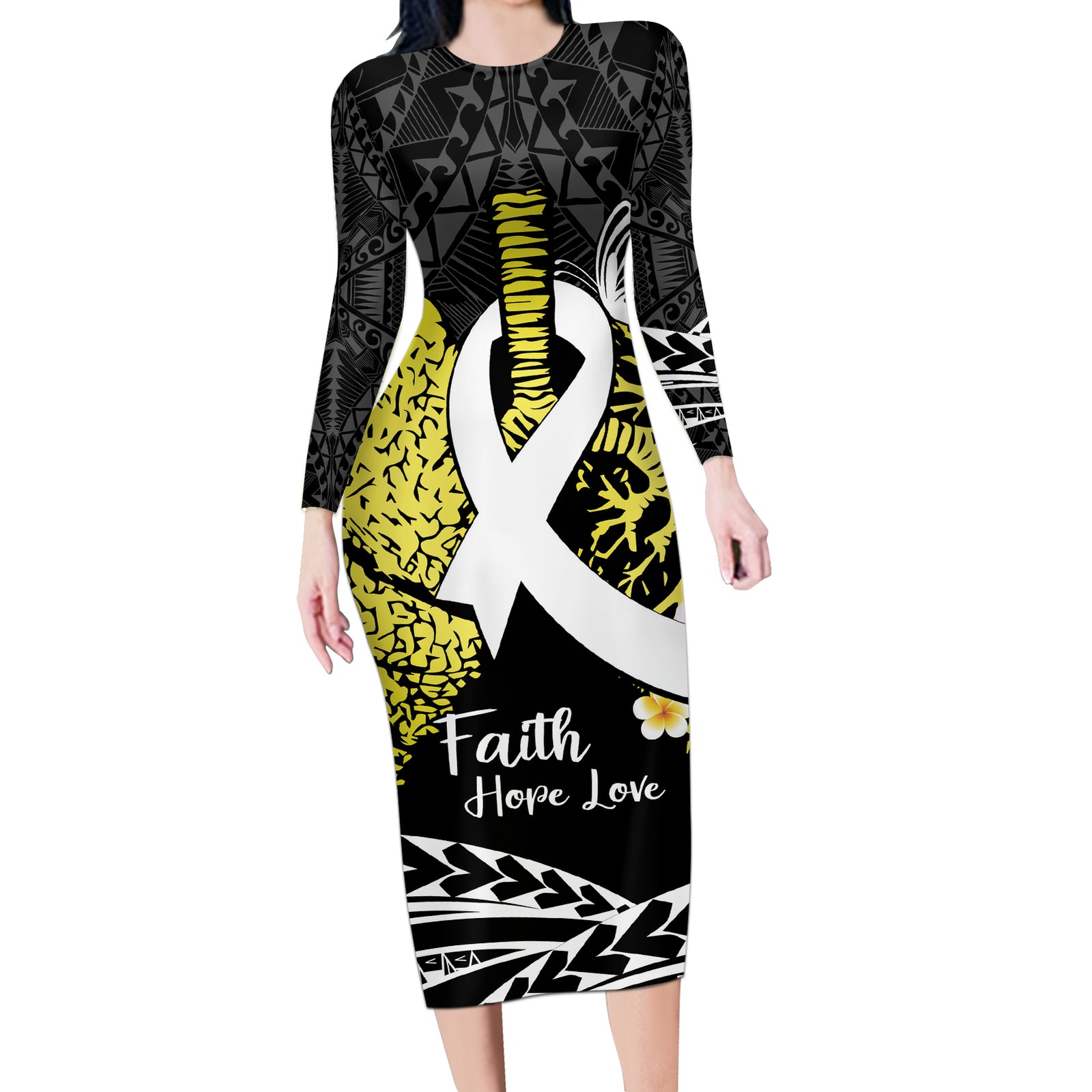 Personalised Polynesia World Lung Cancer Day Long Sleeve Bodycon Dress Faith Hope Love LT14 Long Dress Black - Polynesian Pride