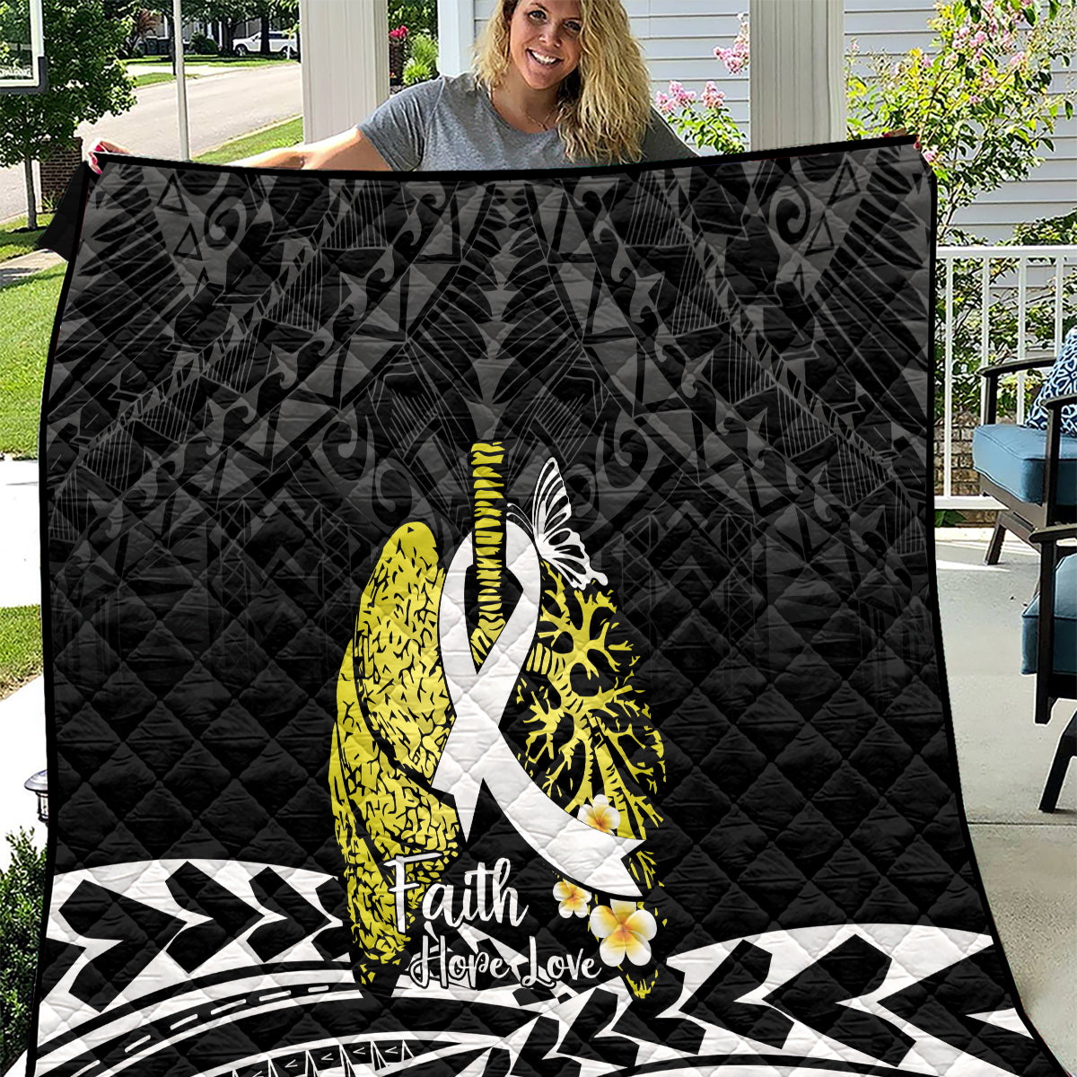 Polynesia World Lung Cancer Day Quilt Faith Hope Love LT14 Black - Polynesian Pride
