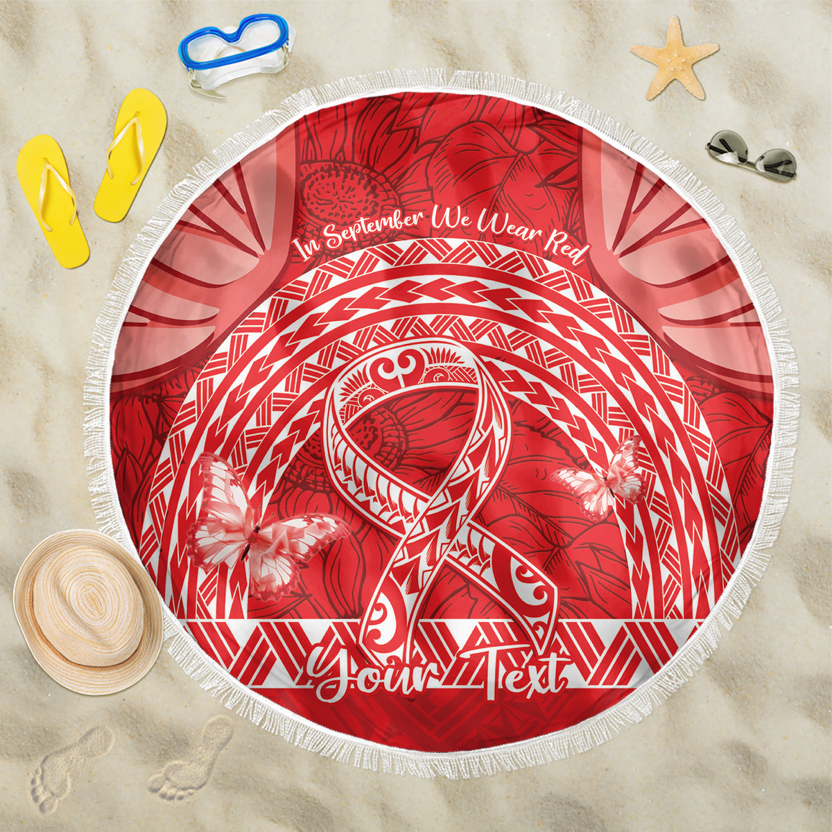 Personalised In September We Wear Red Beach Blanket Polynesia Blood Cancer Awareness