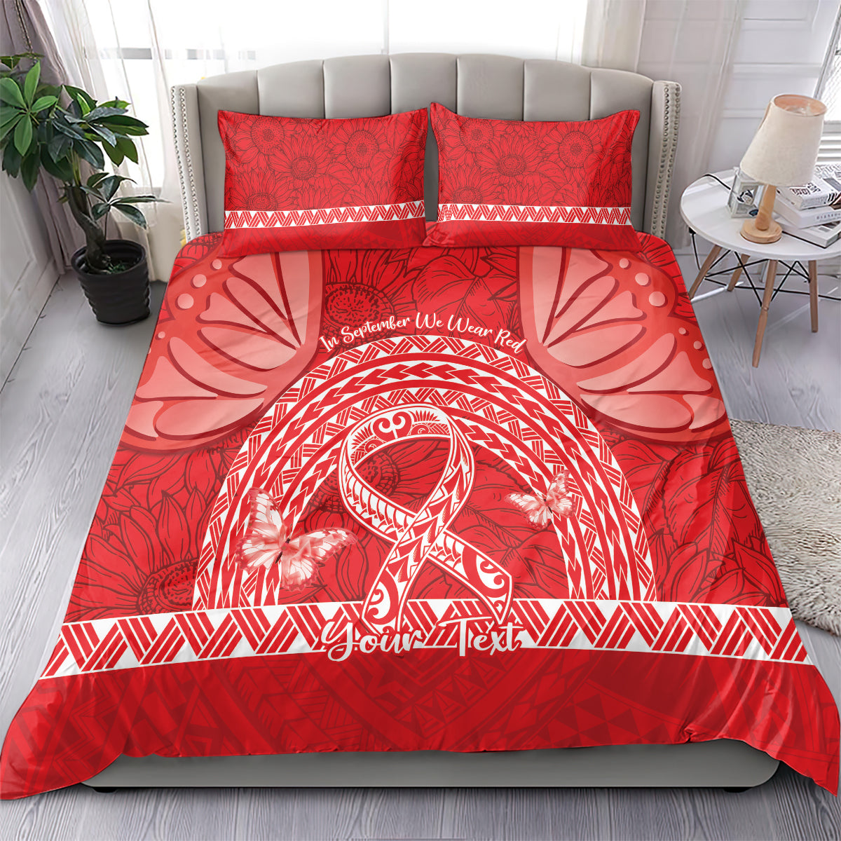 Personalised In September We Wear Red Bedding Set Polynesia Blood Cancer Awareness