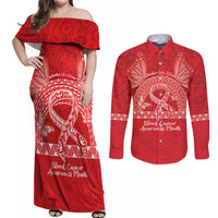 Personalised In September We Wear Red Couples Matching Off Shoulder Maxi Dress and Long Sleeve Button Shirt Polynesia Blood Cancer Awareness
