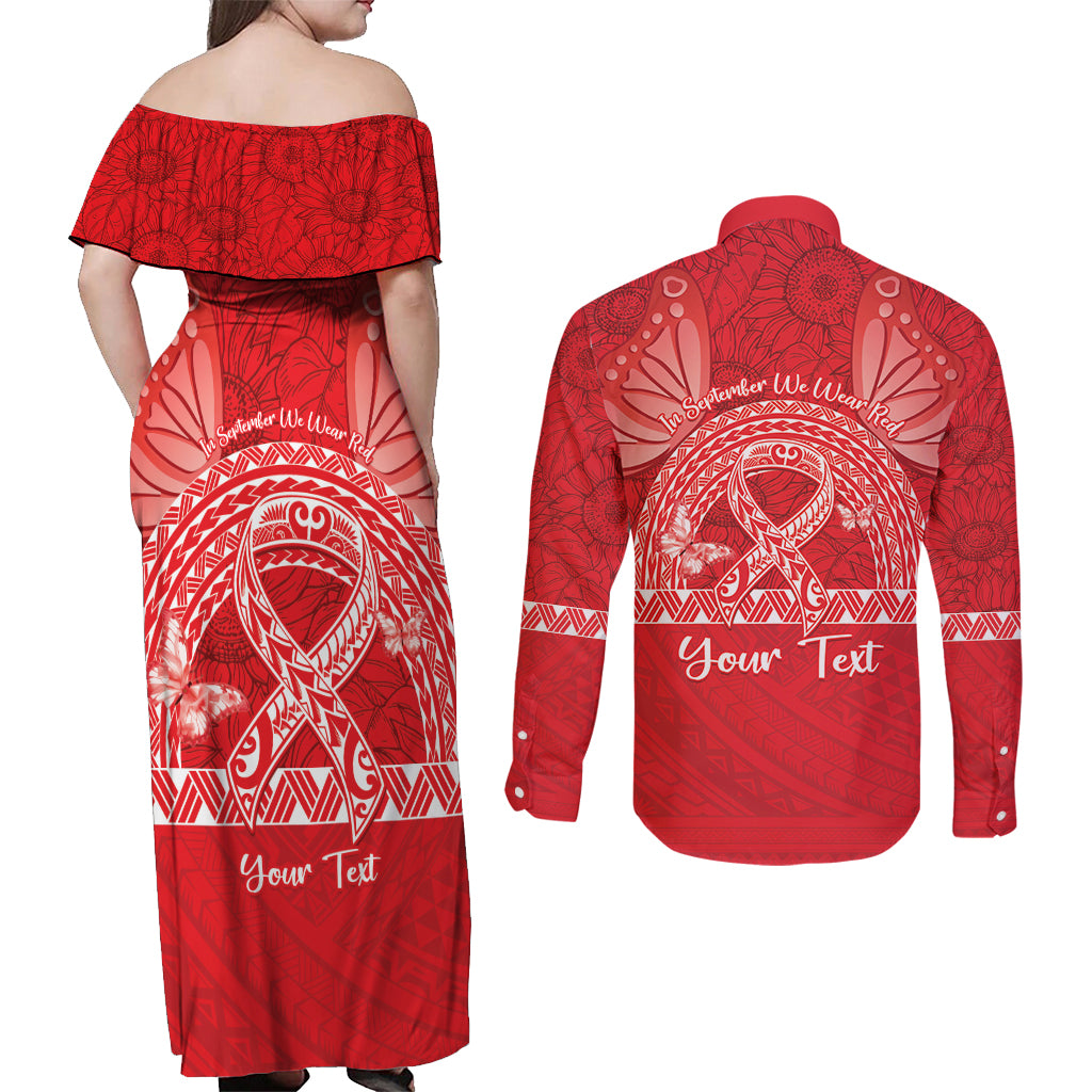 Personalised In September We Wear Red Couples Matching Off Shoulder Maxi Dress and Long Sleeve Button Shirt Polynesia Blood Cancer Awareness