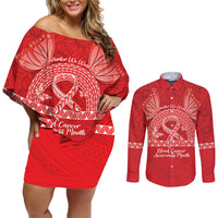 Personalised In September We Wear Red Couples Matching Off Shoulder Short Dress and Long Sleeve Button Shirt Polynesia Blood Cancer Awareness