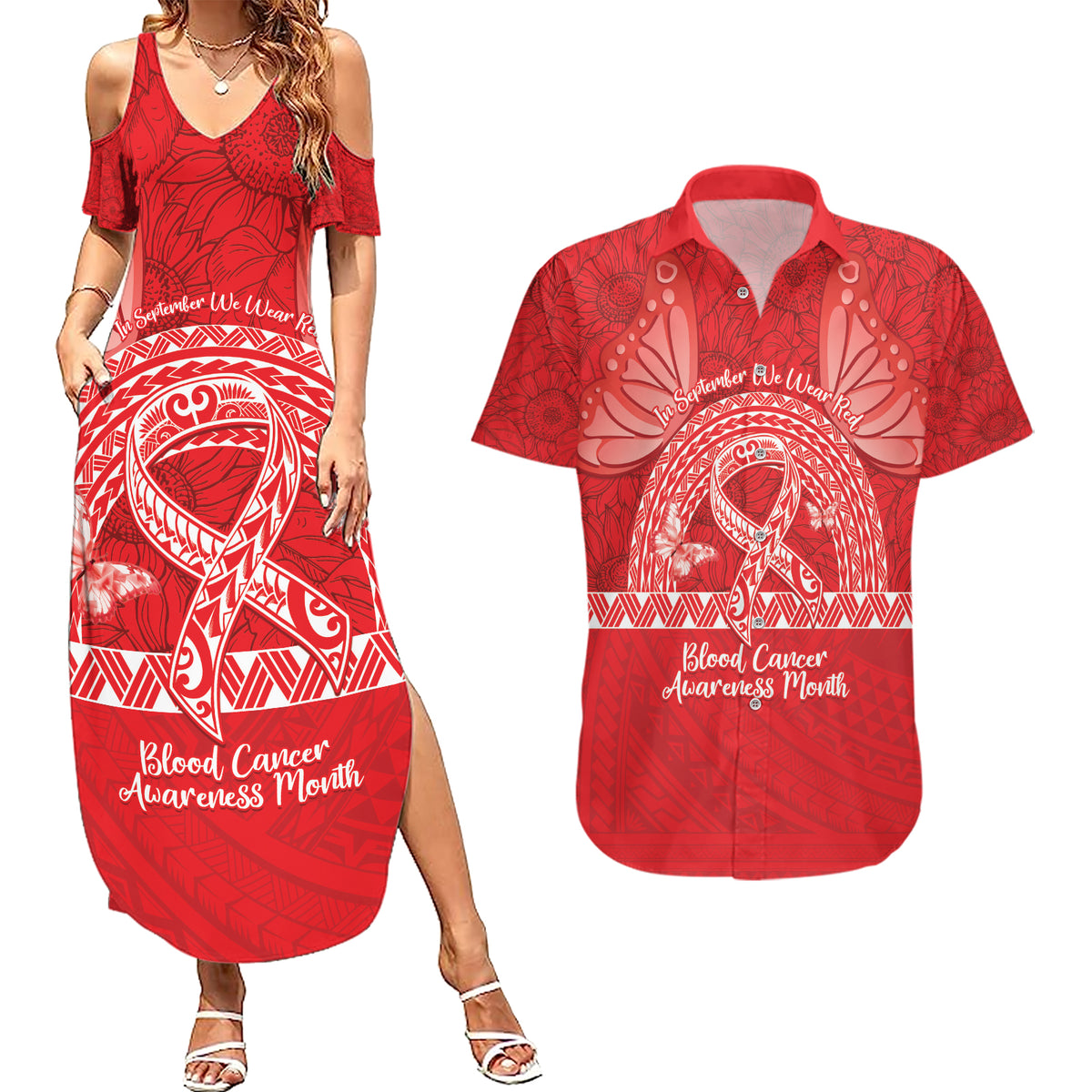 Personalised In September We Wear Red Couples Matching Summer Maxi Dress and Hawaiian Shirt Polynesia Blood Cancer Awareness