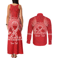 Personalised In September We Wear Red Couples Matching Tank Maxi Dress and Long Sleeve Button Shirt Polynesia Blood Cancer Awareness
