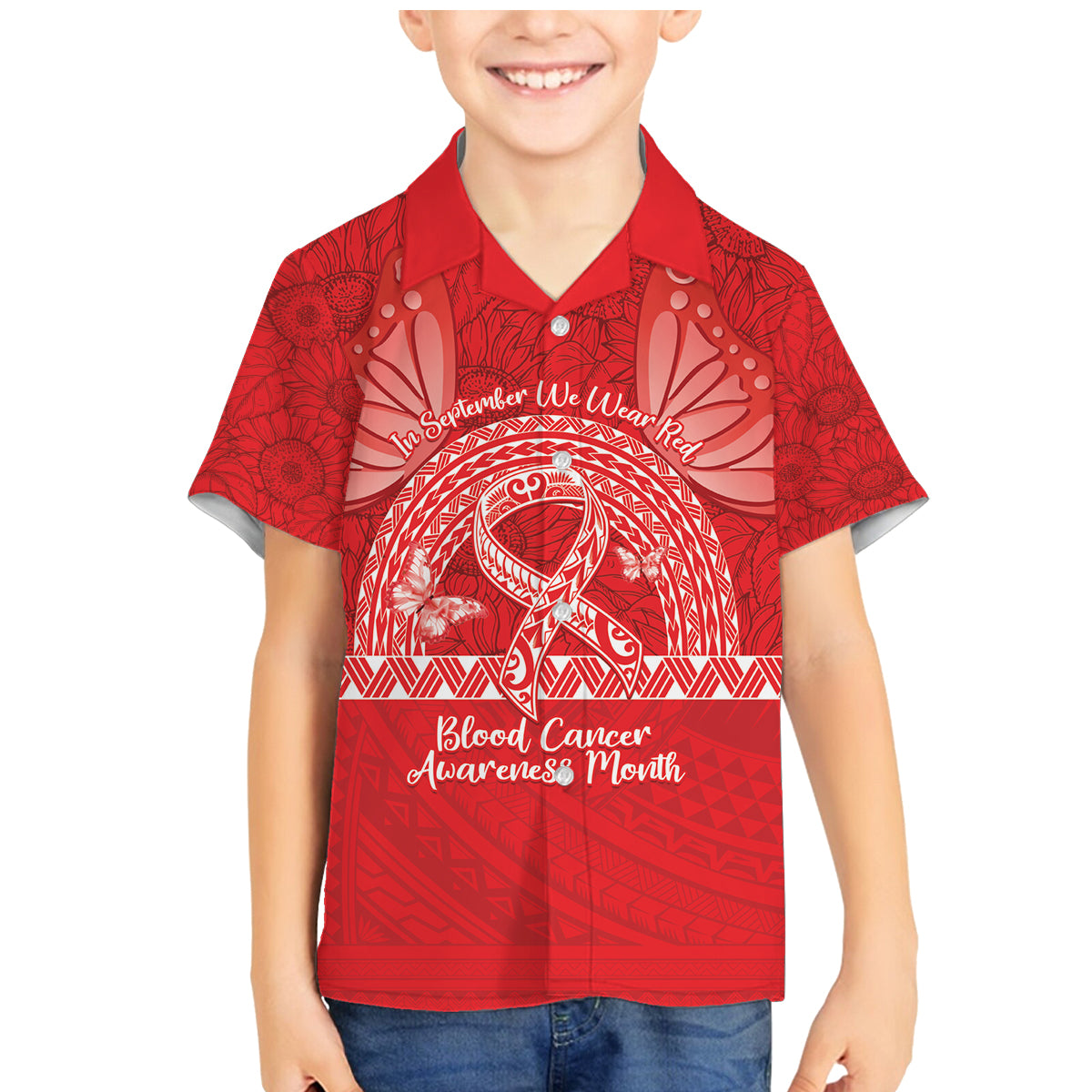 Personalised In September We Wear Red Family Matching Mermaid Dress and Hawaiian Shirt Polynesia Blood Cancer Awareness