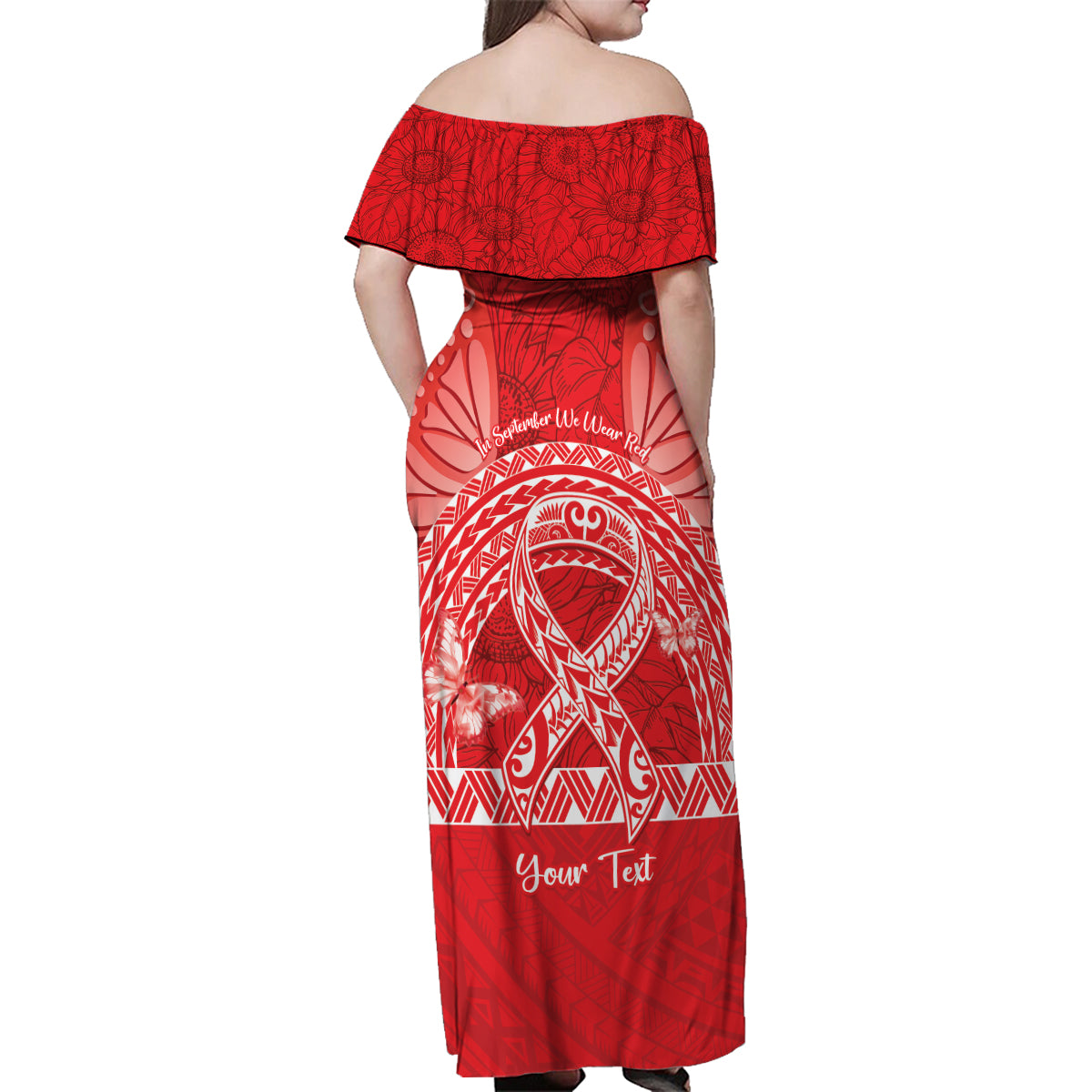 Personalised In September We Wear Red Family Matching Off Shoulder Maxi Dress and Hawaiian Shirt Polynesia Blood Cancer Awareness