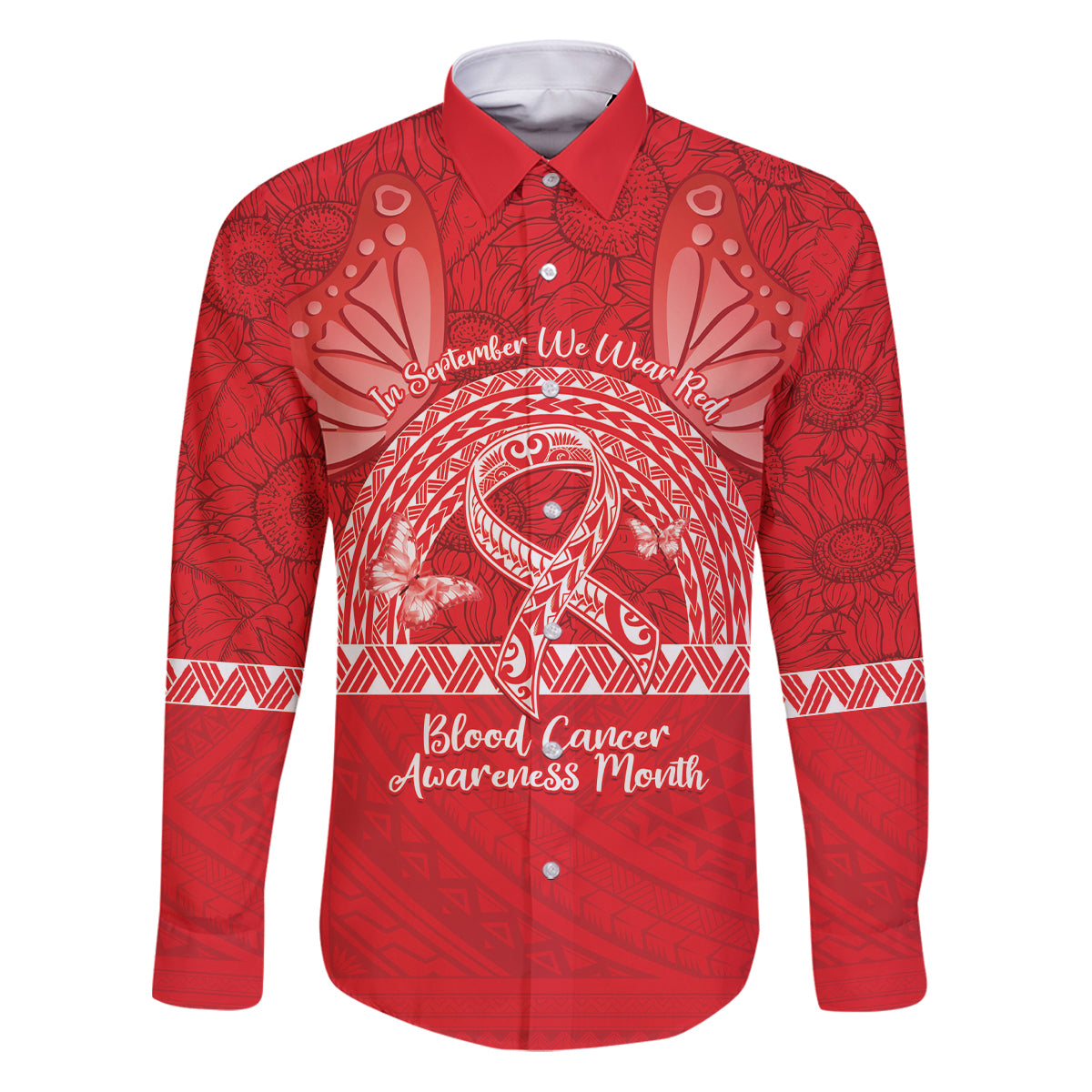 Personalised In September We Wear Red Family Matching Puletasi and Hawaiian Shirt Polynesia Blood Cancer Awareness