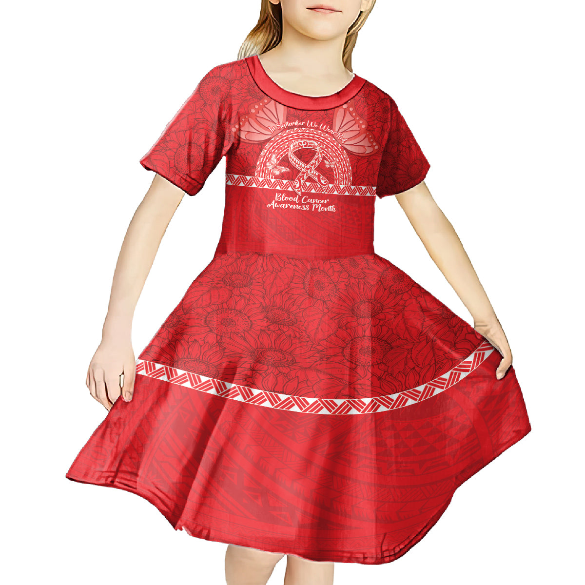 Personalised In September We Wear Red Kid Short Sleeve Dress Polynesia Blood Cancer Awareness