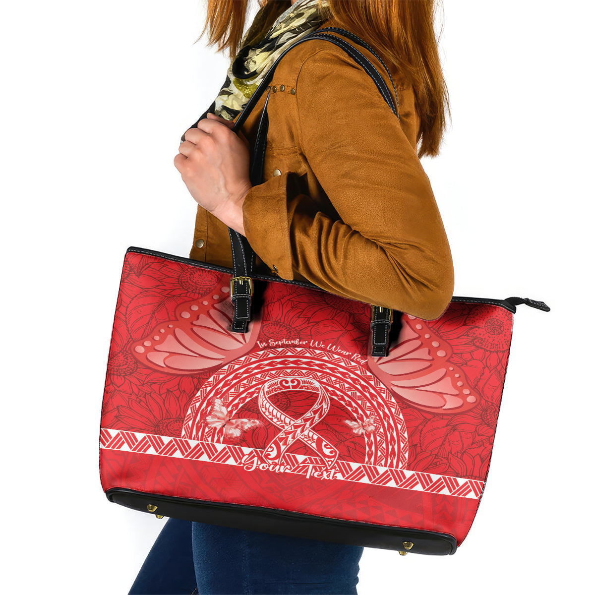 Personalised In September We Wear Red Leather Tote Bag Polynesia Blood Cancer Awareness