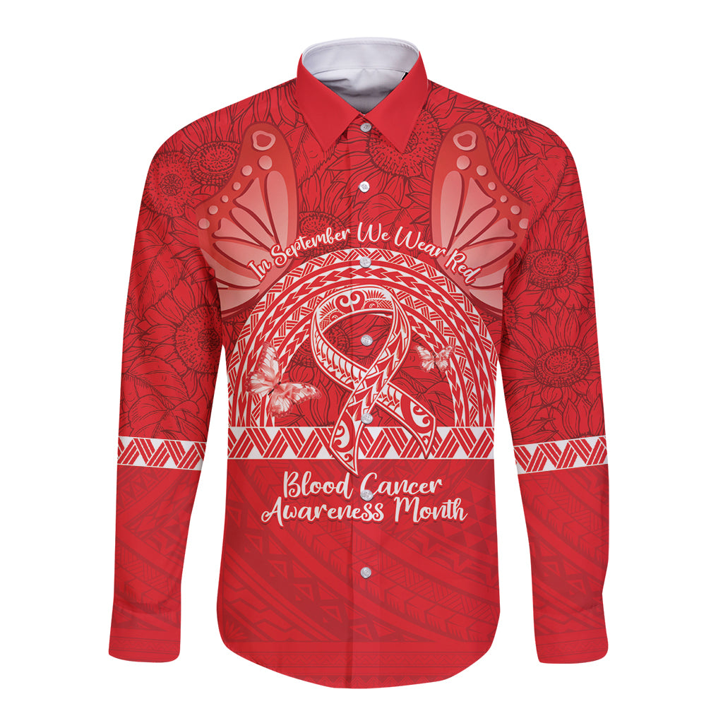 Personalised In September We Wear Red Long Sleeve Button Shirt Polynesia Blood Cancer Awareness