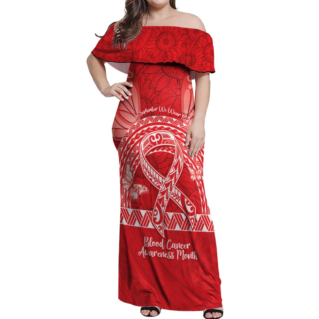 Personalised In September We Wear Red Off Shoulder Maxi Dress Polynesia Blood Cancer Awareness