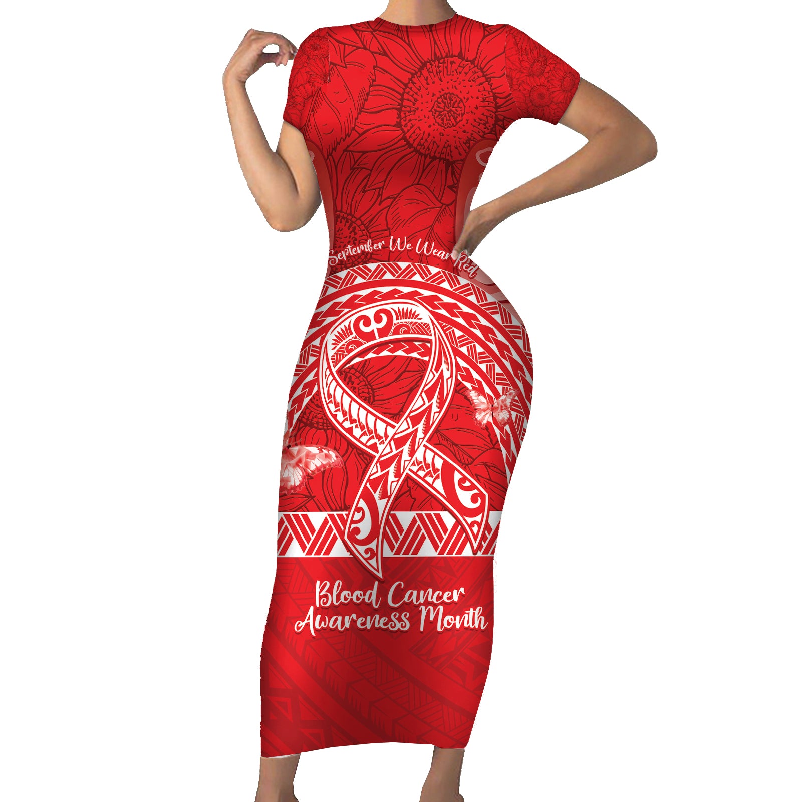 Personalised In September We Wear Red Short Sleeve Bodycon Dress Polynesia Blood Cancer Awareness