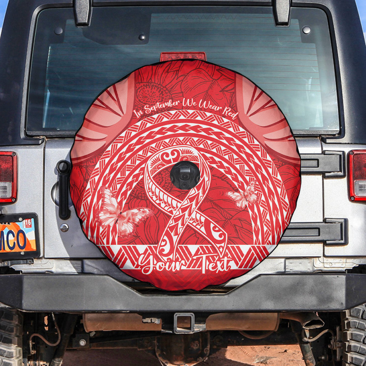 Personalised In September We Wear Red Spare Tire Cover Polynesia Blood Cancer Awareness LT14 Red - Polynesian Pride