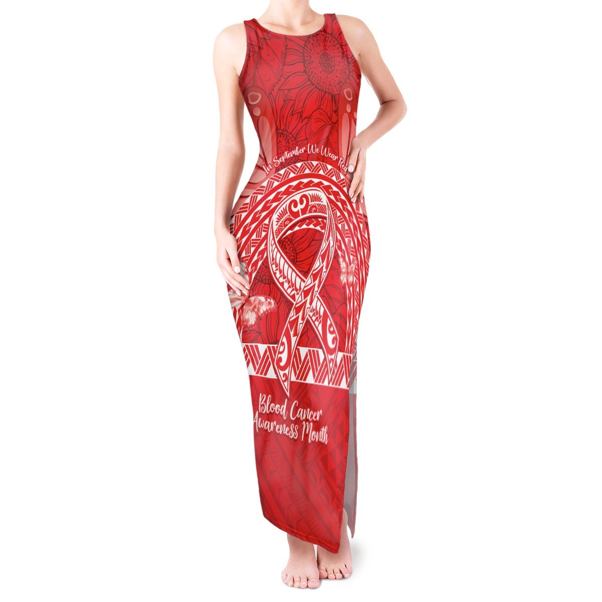 Personalised In September We Wear Red Tank Maxi Dress Polynesia Blood Cancer Awareness LT14 Women Red - Polynesian Pride
