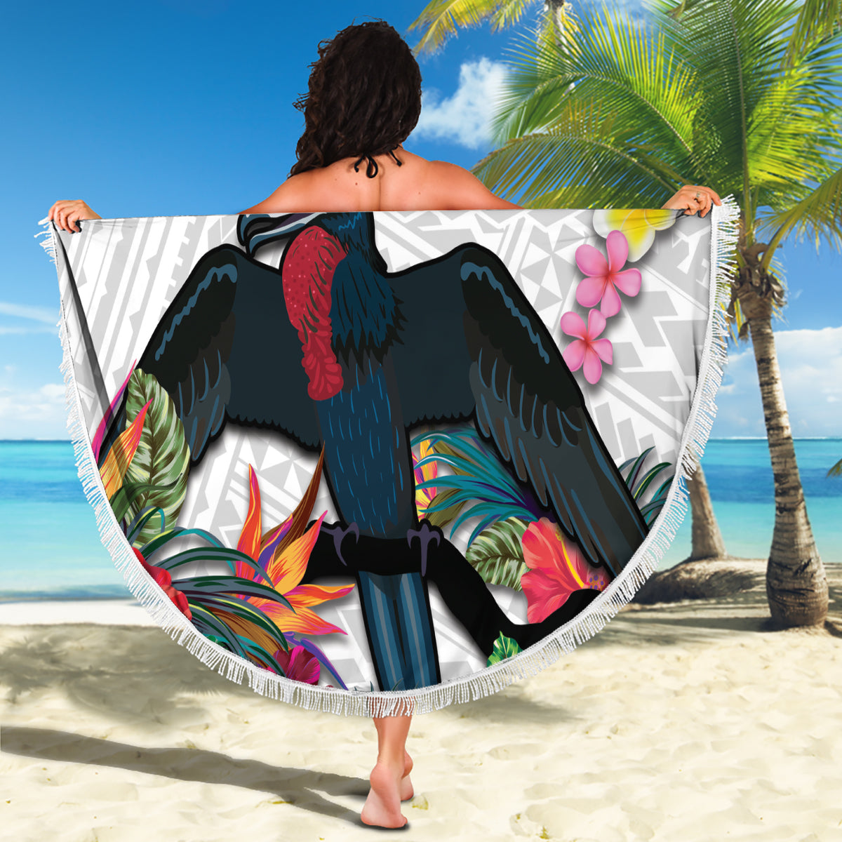 Kiribati Independence Day Beach Blanket Frigatebird Mix Tropical Flowers - White Style
