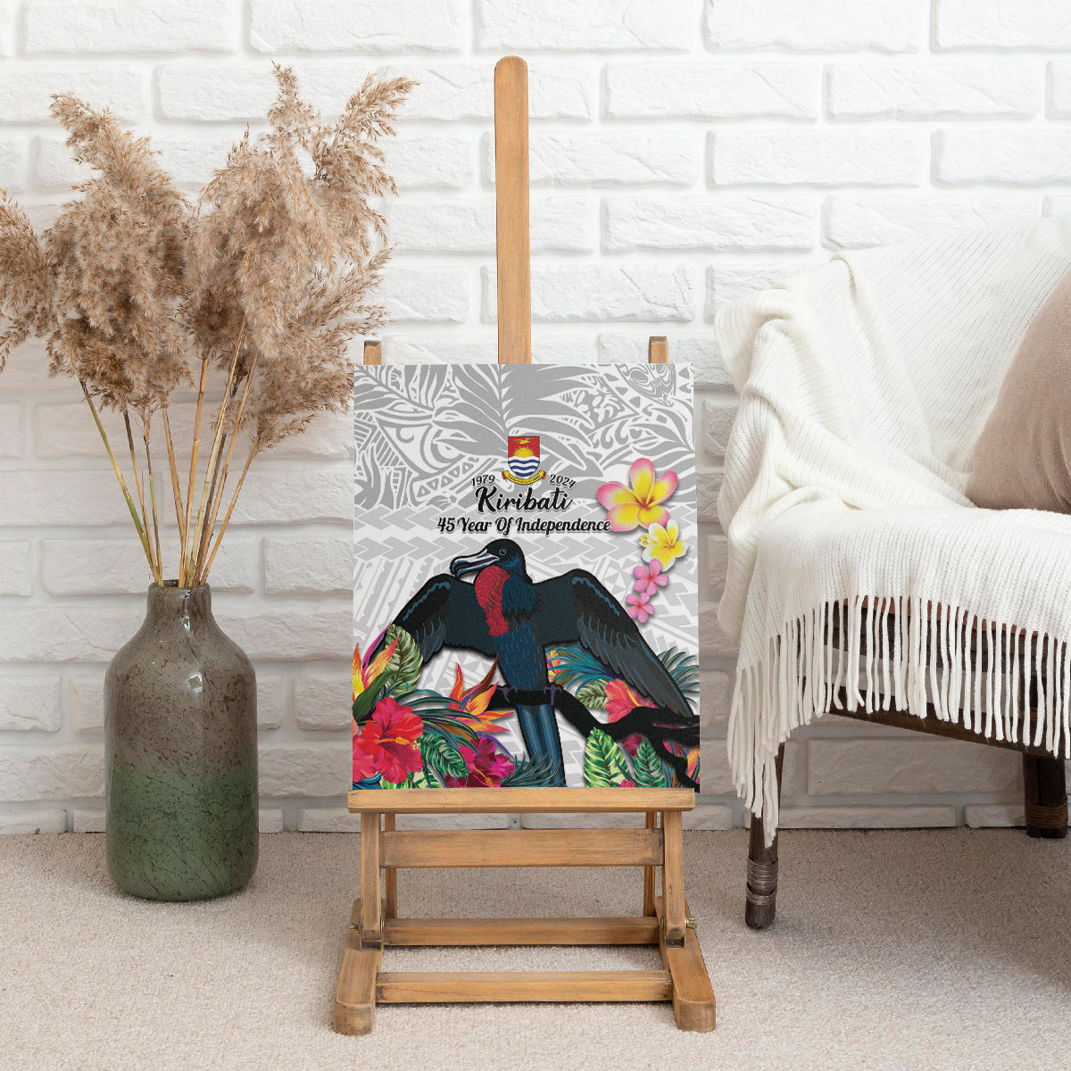 Kiribati Independence Day Canvas Wall Art Frigatebird Mix Tropical Flowers - White Style