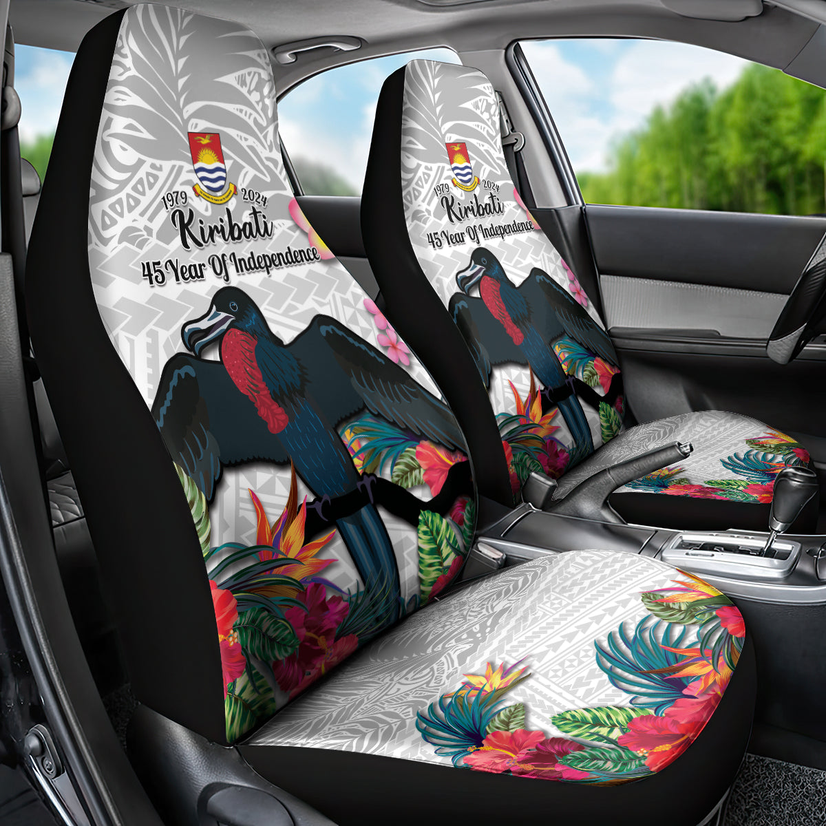 Kiribati Independence Day Car Seat Cover Frigatebird Mix Tropical Flowers - White Style LT14 - Polynesian Pride