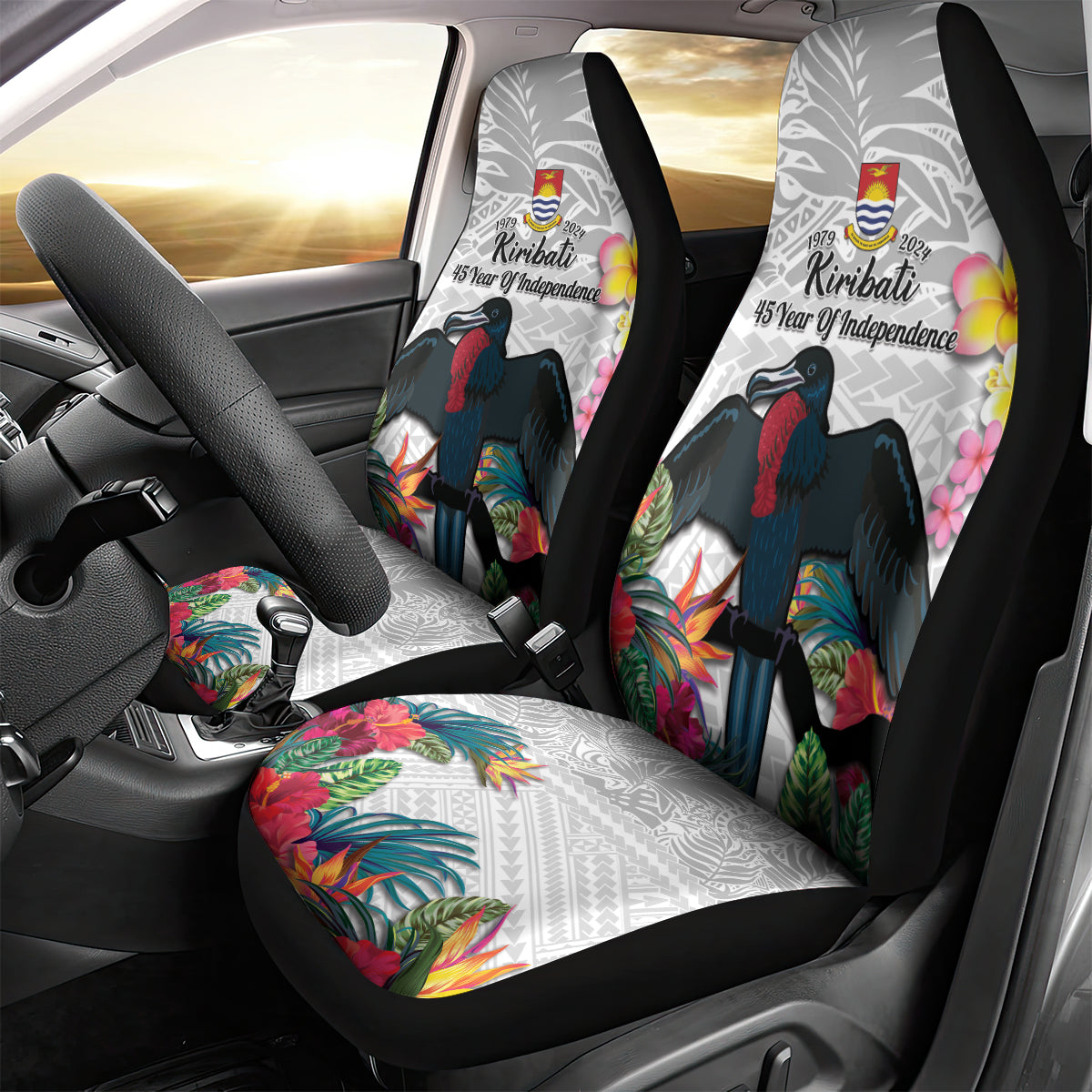 Kiribati Independence Day Car Seat Cover Frigatebird Mix Tropical Flowers - White Style LT14 - Polynesian Pride