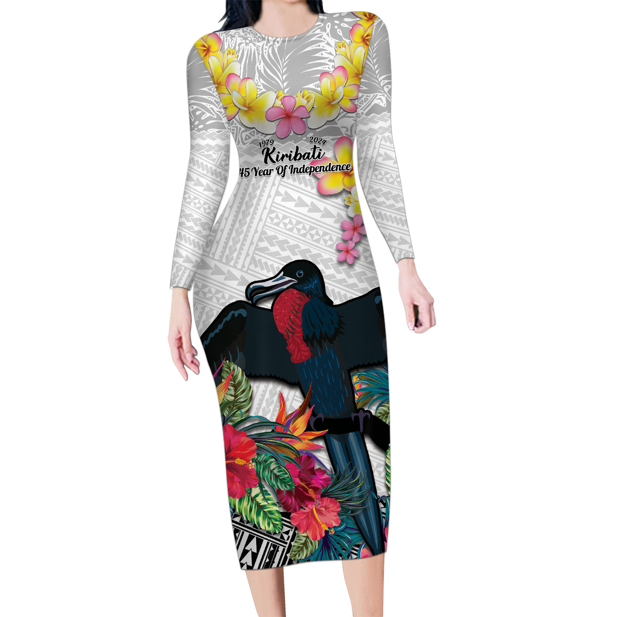 Kiribati Independence Day Family Matching Long Sleeve Bodycon Dress and Hawaiian Shirt Frigatebird Mix Tropical Flowers - White Style