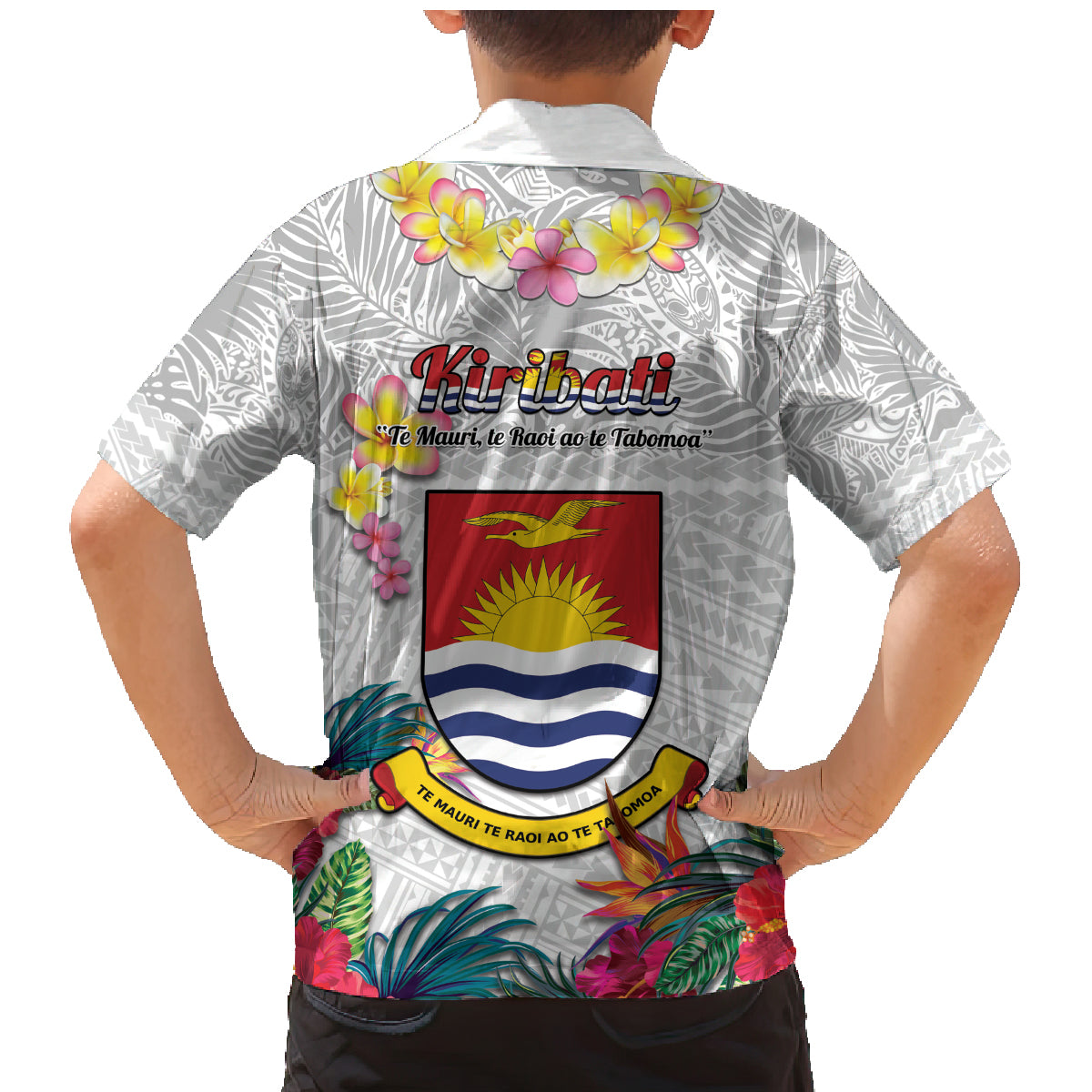 Kiribati Independence Day Family Matching Mermaid Dress and Hawaiian Shirt Frigatebird Mix Tropical Flowers - White Style