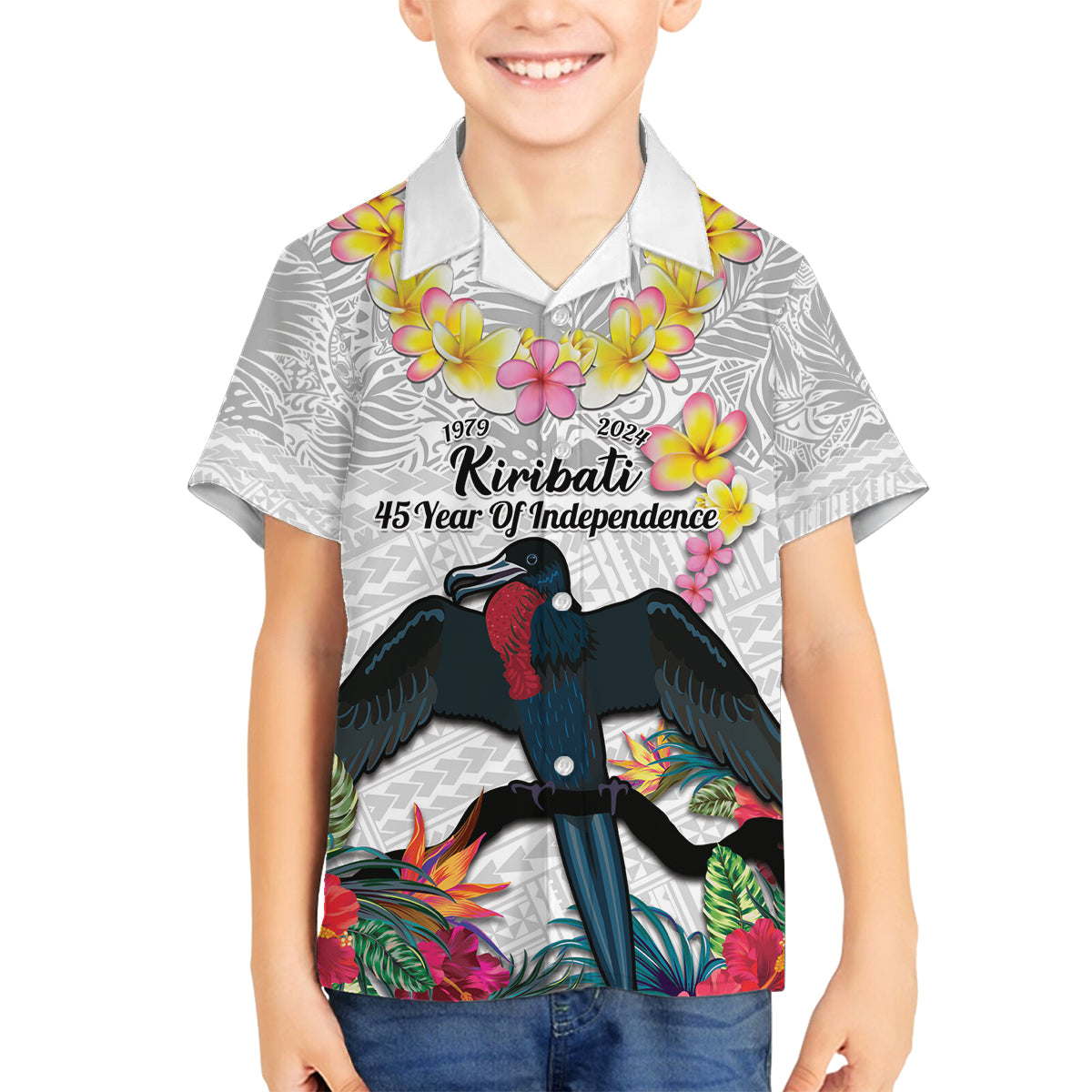 Kiribati Independence Day Family Matching Off The Shoulder Long Sleeve Dress and Hawaiian Shirt Frigatebird Mix Tropical Flowers - White Style