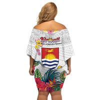 Kiribati Independence Day Family Matching Off Shoulder Short Dress and Hawaiian Shirt Frigatebird Mix Tropical Flowers - White Style