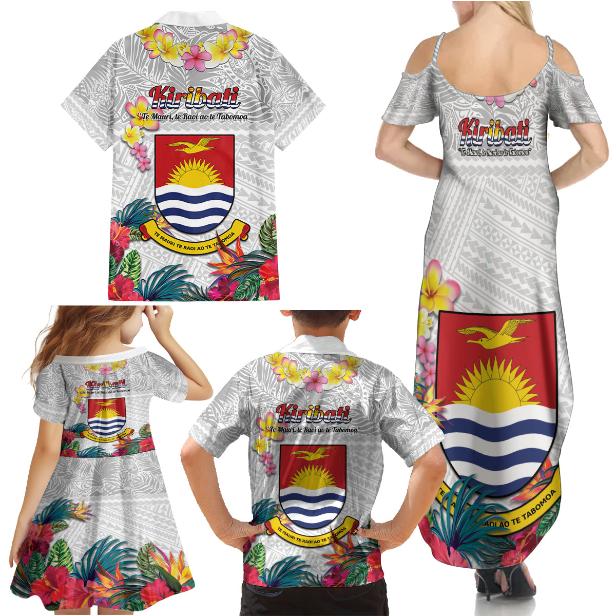 Kiribati Independence Day Family Matching Summer Maxi Dress and Hawaiian Shirt Frigatebird Mix Tropical Flowers - White Style