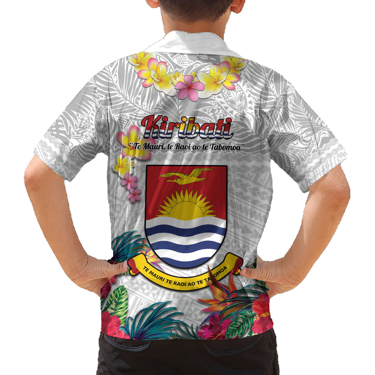 Kiribati Independence Day Family Matching Tank Maxi Dress and Hawaiian Shirt Frigatebird Mix Tropical Flowers - White Style LT14 - Polynesian Pride