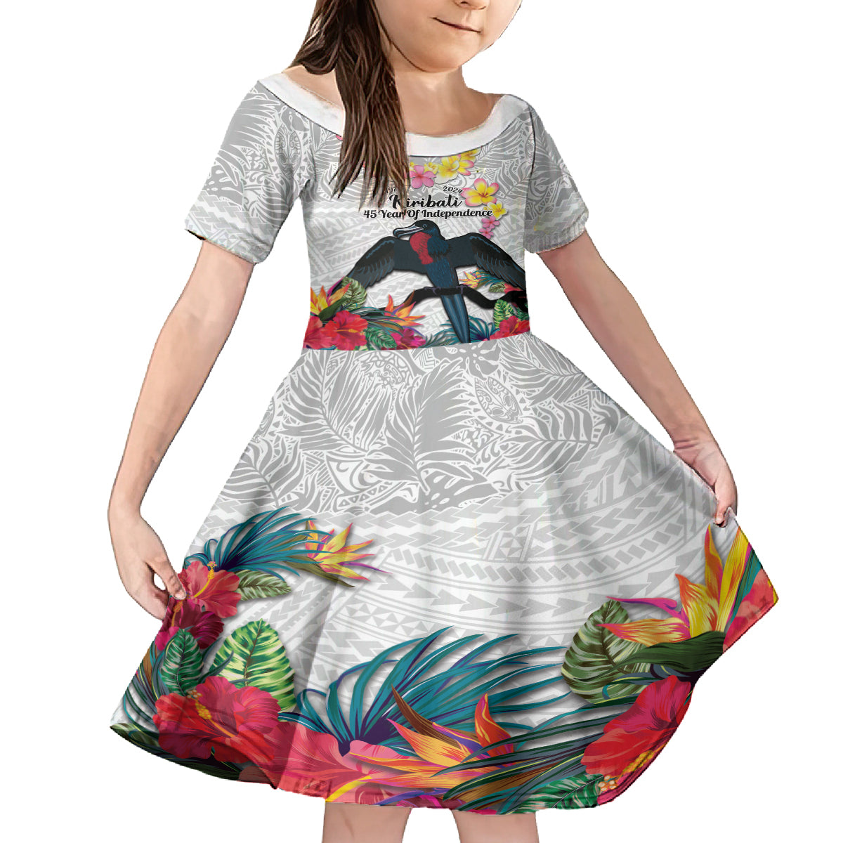 Kiribati Independence Day Family Matching Tank Maxi Dress and Hawaiian Shirt Frigatebird Mix Tropical Flowers - White Style LT14 Daughter's Dress White - Polynesian Pride
