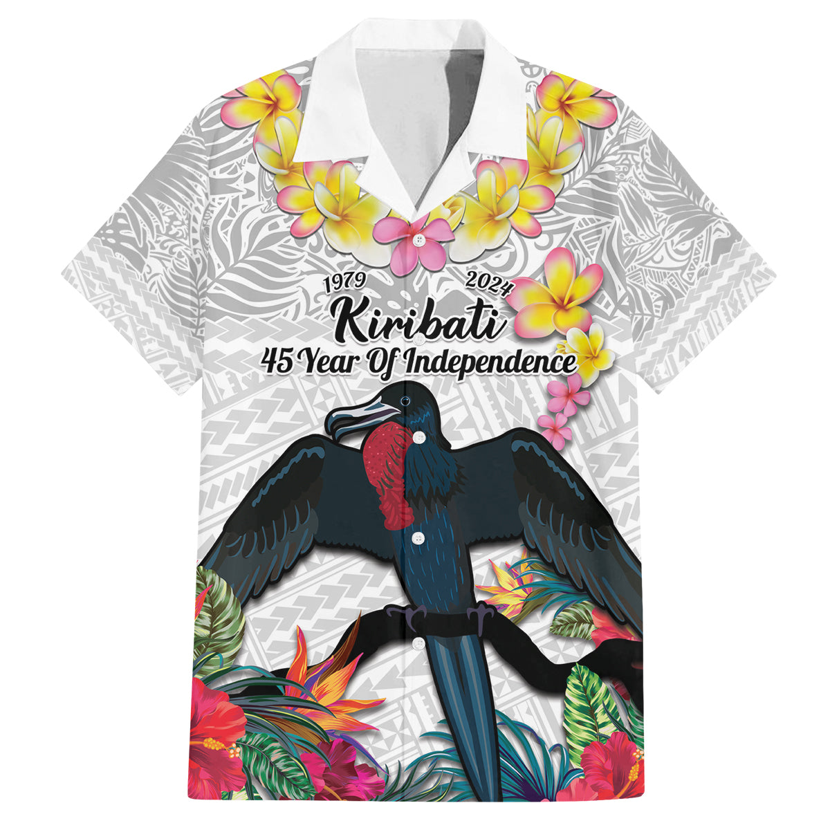 Kiribati Independence Day Family Matching Tank Maxi Dress and Hawaiian Shirt Frigatebird Mix Tropical Flowers - White Style LT14 Dad's Shirt - Short Sleeve White - Polynesian Pride