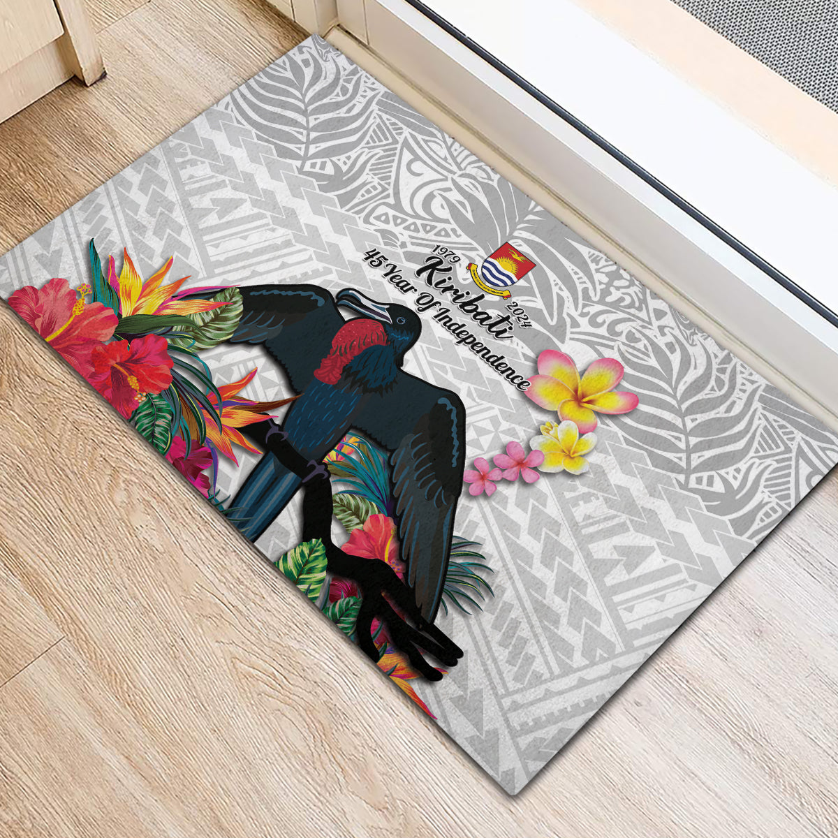 Kiribati Independence Day Rubber Doormat Frigatebird Mix Tropical Flowers - White Style