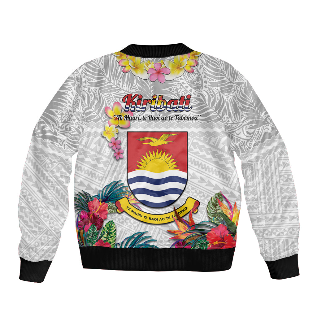 Kiribati Independence Day Sleeve Zip Bomber Jacket Frigatebird Mix Tropical Flowers - White Style