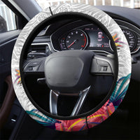 Kiribati Independence Day Steering Wheel Cover Frigatebird Mix Tropical Flowers - White Style LT14 - Polynesian Pride