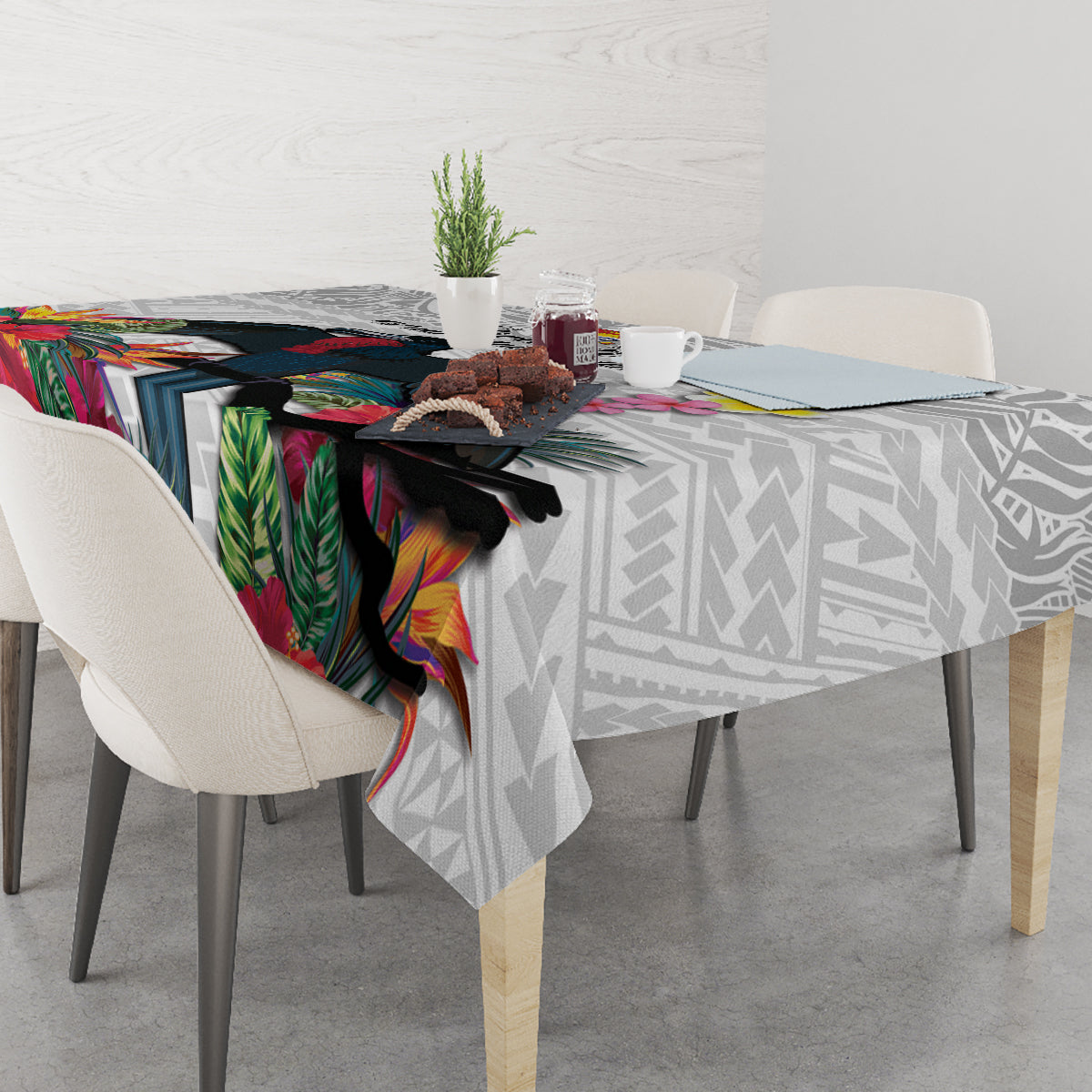 Kiribati Independence Day Tablecloth Frigatebird Mix Tropical Flowers - White Style