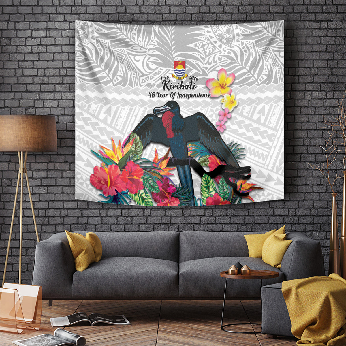 Kiribati Independence Day Tapestry Frigatebird Mix Tropical Flowers - White Style