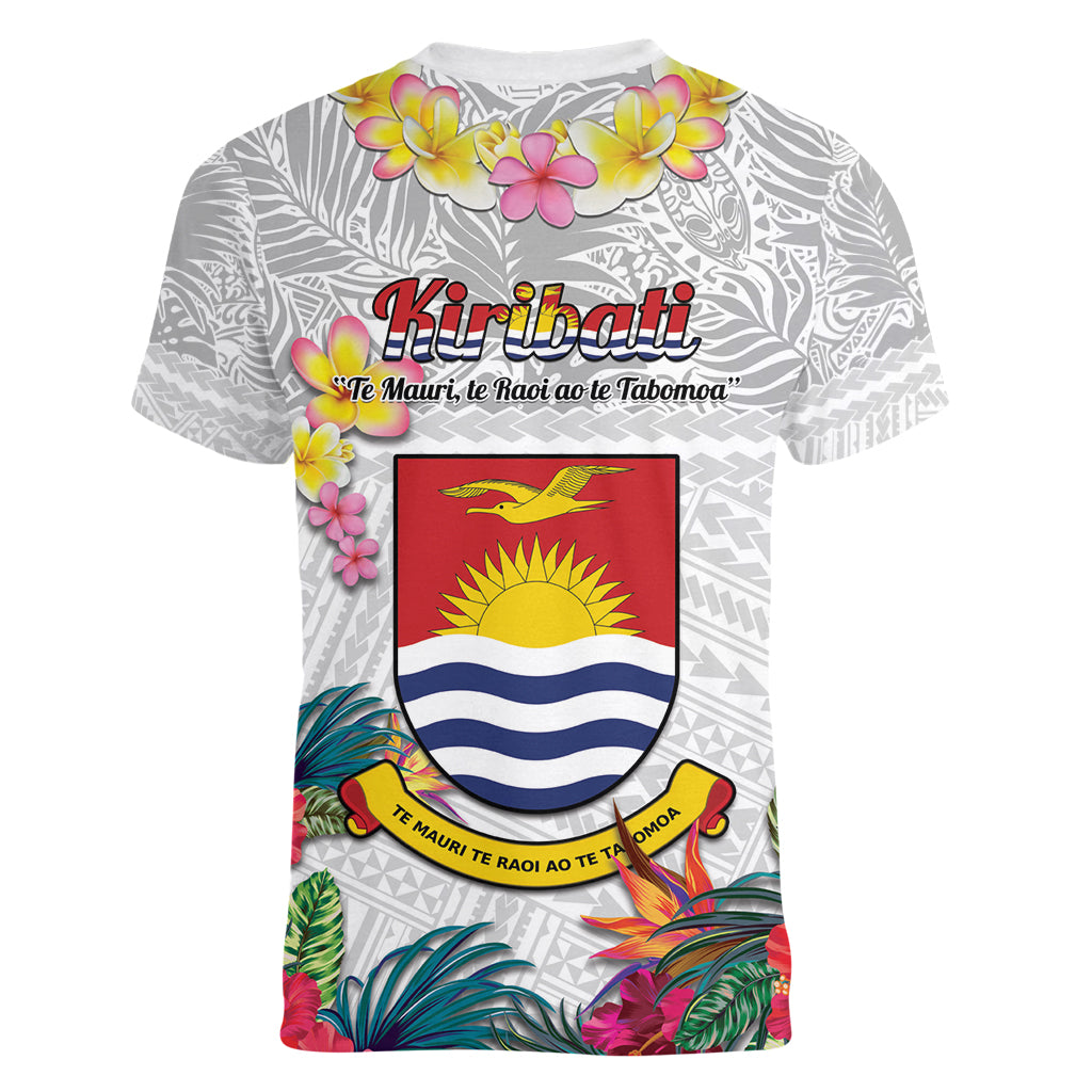 Kiribati Independence Day Women V-Neck T-Shirt Frigatebird Mix Tropical Flowers - White Style