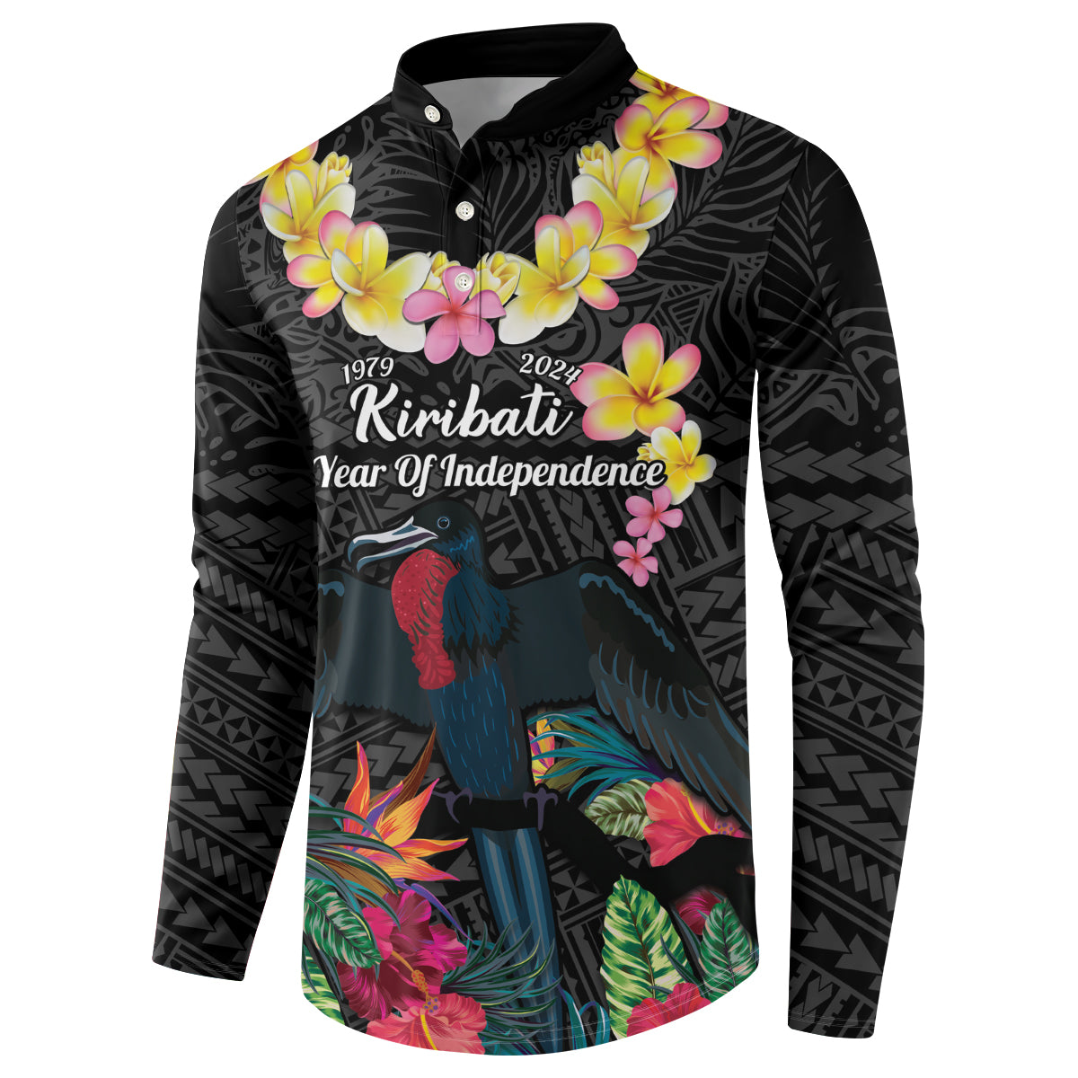 Kiribati Independence Day Button Sweatshirt Frigatebird Mix Tropical Flowers - Black Style